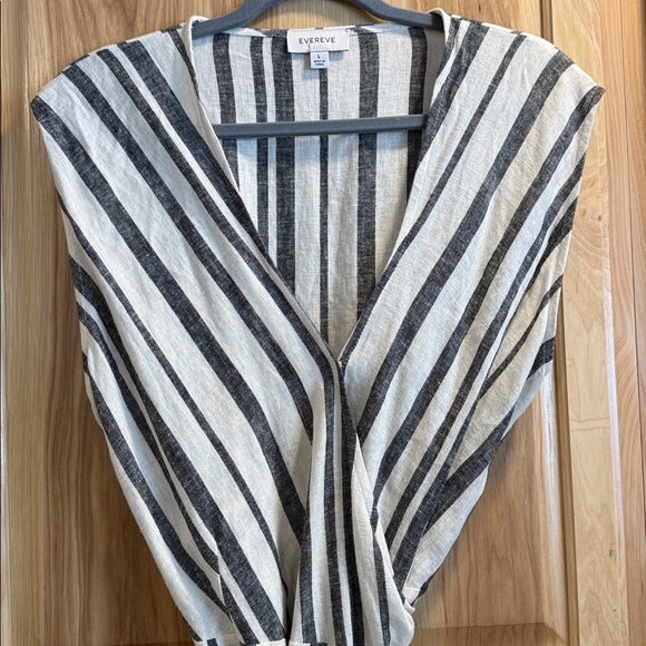Evereve Clara Wrap Sleeveless Linen Blend Black Cream Striped Midi Dress Sz L - Picture 4 of 13